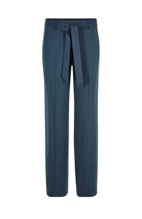 Donkerblauwe hoge taille damesbroek met een rechte pasvorm en een bijpassende stoffen riem die om de taille is geknoopt.