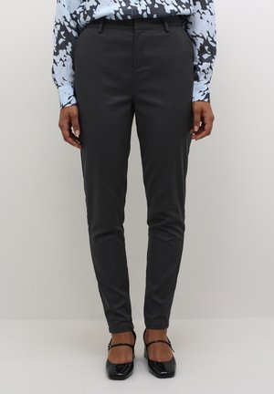 Gray tailored trousers with a smooth texture, featuring a slim fit, belt loops, and front pockets, paired with black shoes.