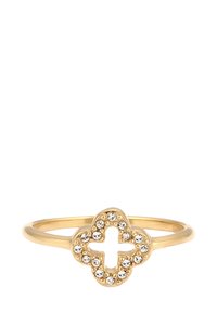 Goldfarbener Ring mit einem kloverförmigen Design, besetzt mit klaren Kristallen, mit einem glatten Band und polierter Oberfläche.