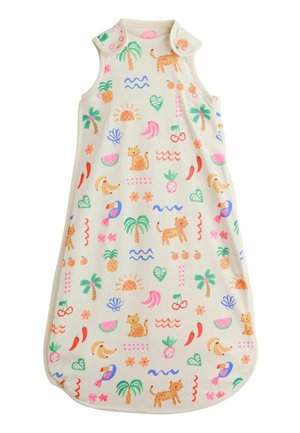 Ärmelloser Babyschlafsack mit bunten tropischen Drucken von Palmen, Tieren, Früchten und abstrakten Formen auf cremefarbenem Hintergrund.