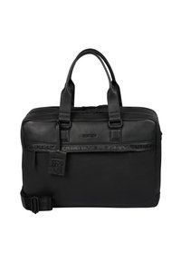 Sac à dos en cuir noir pour ordinateur portable avec poignées doubles, une bandoulière amovible, un logo embossé à l'avant et un compartiment principal zippé.