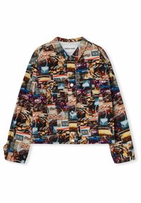 Jeansjack met kraag en een multicolore grafische print van auto's en borden. Beschikt over twee voorzakken en drukknoopsluitingen.