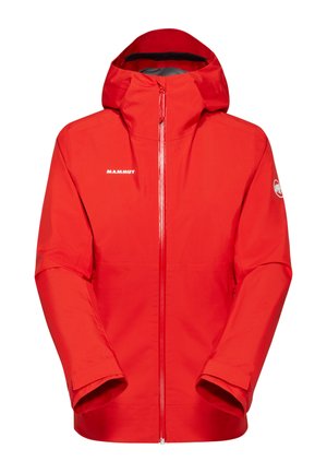 Czerwona wodoodporna kurtka z kapturem, z przednim zamkiem błyskawicznym, logo Mammut na piersi i rękawie, zaprojektowana do aktywności na świeżym powietrzu.