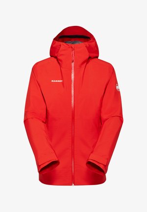 Czerwona wodoodporna kurtka z kapturem, z przednim zamkiem błyskawicznym, logo Mammut na piersi i rękawie, zaprojektowana do aktywności na świeżym powietrzu.