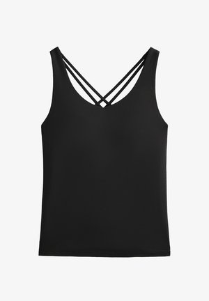 Top sans manches noir avec un décolleté en V plongeant et des bretelles croisées dans le dos. Tissu lisse et coupe structurée. Design simple et minimaliste.