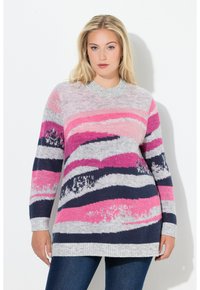 Maglione lavorato a maglia con scollatura rotonda, caratterizzato da strisce ondulate rosa, grigio e blu navy; maniche lunghe e polsini a costine; texture morbida.