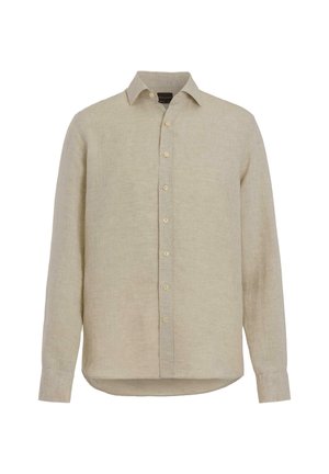 Camicia beige a maniche lunghe con colletto appuntito, sette bottoni sul davanti e orlo arrotondato sul fondo.