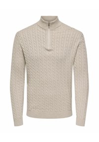 Beige Kabelstrickpullover mit einem Viertelreißverschluss und hohem Kragen, mit gerippten Bündchen und Saum.