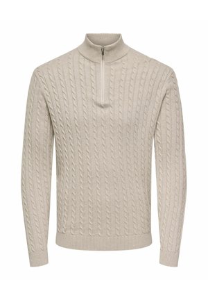 Beige Kabelstrickpullover mit einem Viertelreißverschluss und hohem Kragen, mit gerippten Bündchen und Saum.