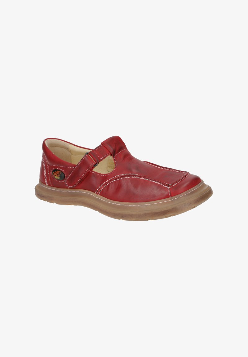 Rote Leder-Schuh mit runder Zehenform, einem Riemen über dem Spann und weißen Nähdetails. Gummisohle mit naturbelassener Optik.