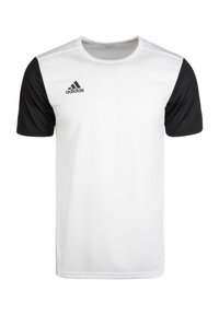 Koszulka sportowa z krótkim rękawem, z białym korpusem i czarnymi rękawami, wykonana z oddychającego materiału, z logo Adidas na górnej lewej stronie.