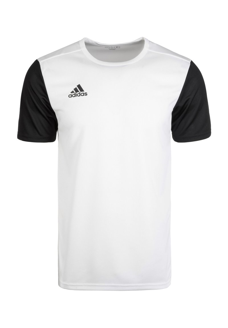Koszulka sportowa z krótkim rękawem, z białym korpusem i czarnymi rękawami, wykonana z oddychającego materiału, z logo Adidas na górnej lewej stronie.