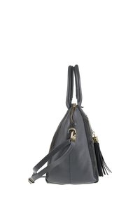 Sac en cuir gris avec double poignées, bandoulière amovible, ferrures dorées, et tirette à fermeture éclair en pompon noir, présenté de côté.