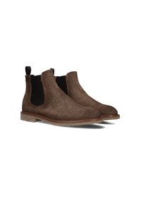 Bruine suède Chelsea-boots met zwarte elastische zijpanelen en een rubberen zool. Heeft een laagprofielontwerp en een treklipje voor gemakkelijke in-/uittocht.