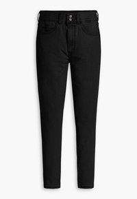 Svarta slim-fit jeans i denim med hög midja, två framfickor och dragkedja med två knappar. Slät textur och åtsittande design.