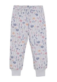 Pantalons de pyjama à imprimé floral en tissu doux ; présentent un fond gris clair, orné de fleurs multicolores et de poignets côtelés.