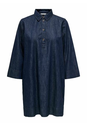 Denimskjortekjole i mørkeblå, med knaplukning, krave og trekvartlange ærmer. Glat tekstur med diskret glans.