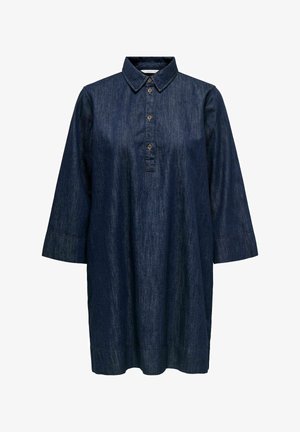 Jeans obleka v temno modri barvi, z zapenjalno vrvico na gumbe, ovratnikom in rokavi do komolcev. Gladek tekstura z blagim sijajem.