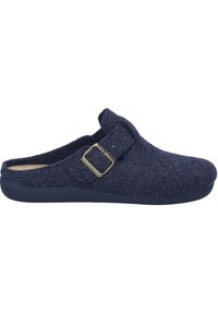 Sabots en laine marine avec une texture similaire au suède, dotés d'une seule sangle avec une boucle en métal et d'une semelle en caoutchouc solide.