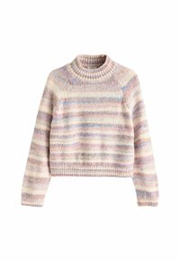 Lyhennetty neulepaita korkealla kauluksella, jossa on vaaleanvärisiä vaakaraitoja, ribattuja hihansuja ja helmaa. Rakenne on pehmeä ja teksturoitu.