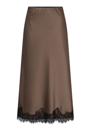 Jupe longue en satin marron avec bordure en dentelle noire à l'ourlet, taille ajustée et tissu lisse et fluide.