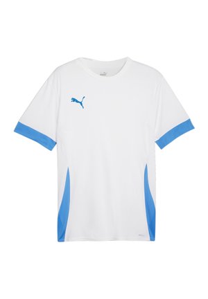 Witte sport t-shirt met blauwe accenten. Gemaakt van lichtgewicht stof. Beschikt over korte mouwen en een klein blauw logo op de borst.