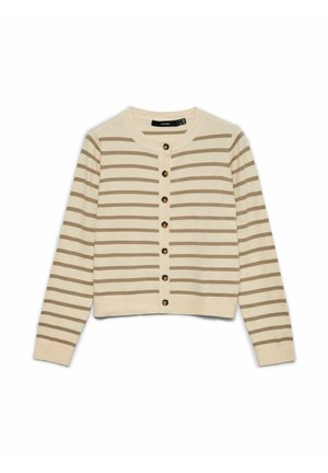 Cardigan crème avec des rayures horizontales marron clair. Col et poignets côtelés, avec une fermeture devant à six boutons foncés. Longueur raccourcie.