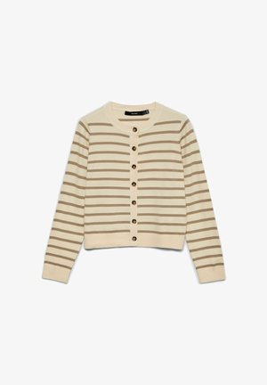 Cardigan crème avec des rayures horizontales marron clair. Col et poignets côtelés, avec une fermeture devant à six boutons foncés. Longueur raccourcie.