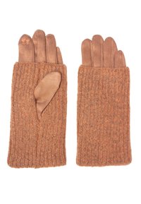 Ein Paar braune Strick- und Wildlederhandschuhe mit einem Blütenmotiv am Zeigefinger des linken Handschuhs.