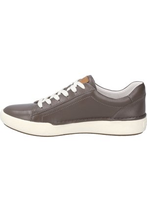 Brown leather sneaker with white laces, rubber sole, rounded toe, and stitched detail along the side, featuring a small tan accent on the heel.