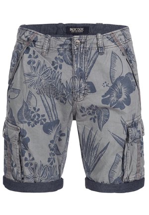 Cargo shorts in light gray fabric featuring dark blue floral patterns. Includes side pockets and a folded hemline.