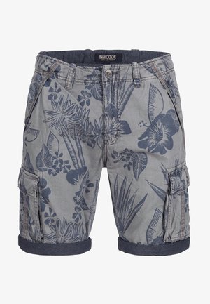 Cargo shorts in light gray fabric featuring dark blue floral patterns. Includes side pockets and a folded hemline.