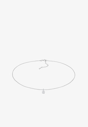 Silver chain necklace featuring a small, square, clear pendant. The chain has a delicate design with a clasp and adjustable length.