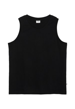 Schwarzes ärmelloses Tanktop mit rundem Ausschnitt, schlichtem Design und s.Oliver Markenlabel innen im Kragen.