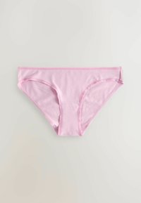 Roze katoenen bikini ondergoed met een gladde textuur, voorzien van een tailleband en gestikte randen voor duurzaamheid. Eenvoudig, onopvallend ontwerp.