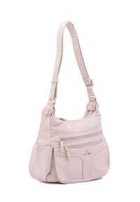 Borsa a spalla sintetica grigia chiara con finitura testurizzata, numerose tasche con zip e dettagli in metallo dorato. Tracolla regolabile.