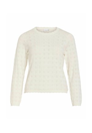 Pulover alb cu mâneci lungi tricotat, cu margini ondulate și un model delicat pătrat cu ochiuri pe toată suprafața.