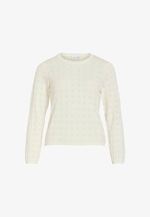 Pull en tricot blanc à manches longues avec bords festonnés et un motif subtil en damier ajouré sur toute la surface.