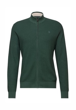 Maglione verde a zip con colletto alto, polsini e orlo a coste, con un piccolo logo sulla parte sinistra del petto.