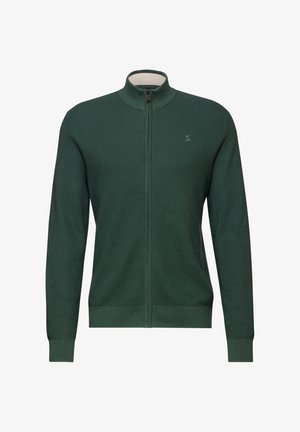 Green knitted zip-up sweater with a high collar, ribbed cuffs and hem, featuring a small logo on the left chest area.