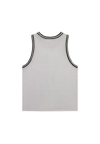 Valge võrkmaterjalist tank top mustade ääristega, millel on ümar kaelus ja ilma varrukateta disain. Seljaosa on sile ja hingav.