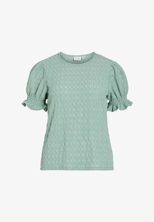 Blouse texturée vert clair à manches courtes avec manches bouffantes et poignets à volants, col rond et coupe normale.