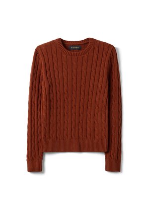 Maglione marrone lavorato a trecce con maniche lunghe, polsini e orlo a coste, collo rotondo e piccola etichetta del marchio all'interno del colletto.