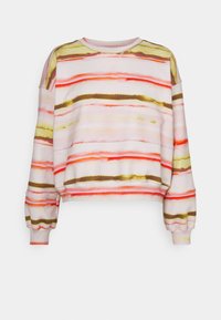 Sudadera corta de tela suave con rayas horizontales en rosa, naranja, amarillo y marrón. Cuello redondo y puños elásticos.