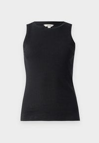 Black sleeveless top made of ribbed fabric, featuring a round neckline and a fitted shape, with a smooth texture and clean hemline.