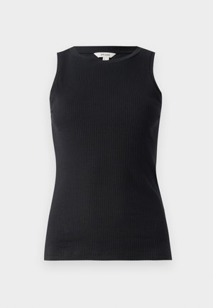 Top nero senza maniche realizzato in tessuto a coste, con scollatura rotonda e forma aderente, caratterizzato da una superficie liscia e bordo pulito.