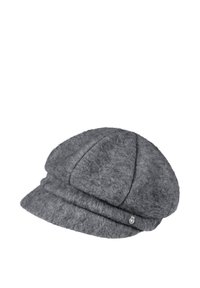 Gray woolen newsboy cap with a short brim and small metallic logo emblem on the side.