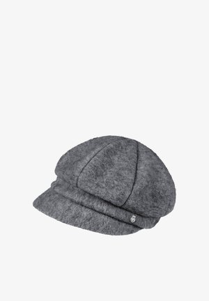 Gray woolen newsboy cap with a short brim and small metallic logo emblem on the side.