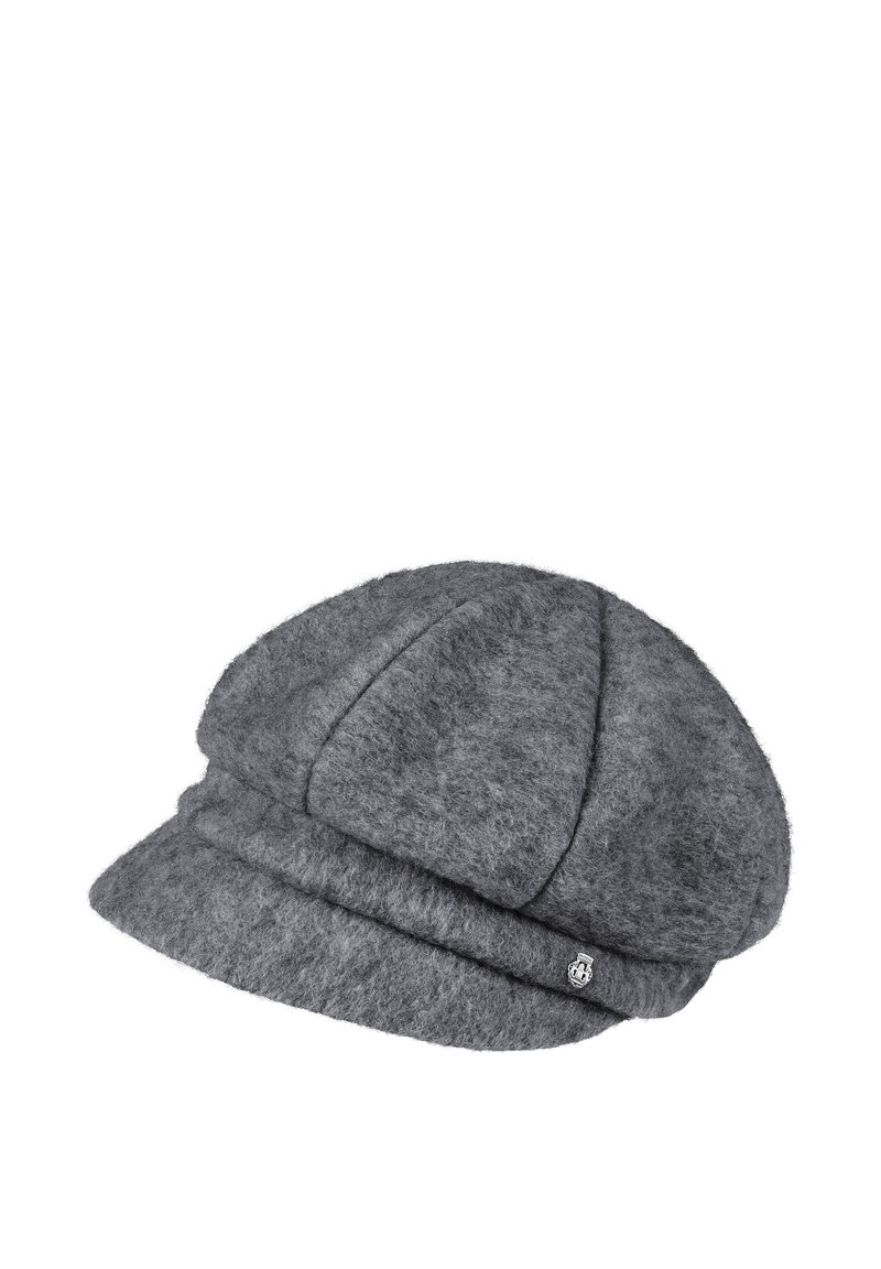 Gray woolen newsboy cap with a short brim and small metallic logo emblem on the side.