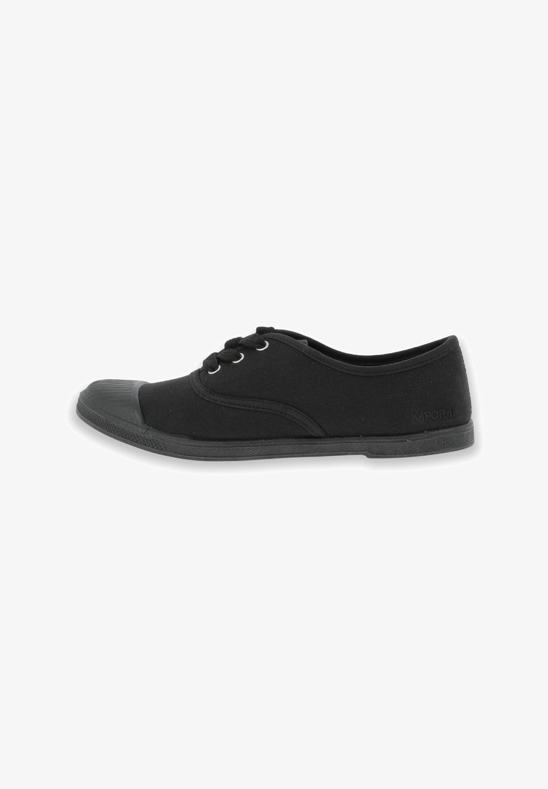 Black canvas sneakers with a rubber toe cap, round toe shape, two eyelet lace system, and textured rubber sole. Subtle brand logo on the side.